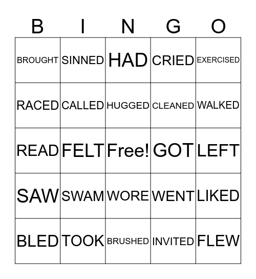 Past Tense Regular and Irregular Verbs Bingo Card