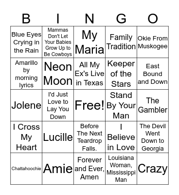 Classic Country Bingo Card