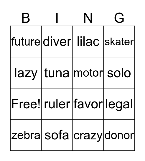 Open Syllable Bingo Card