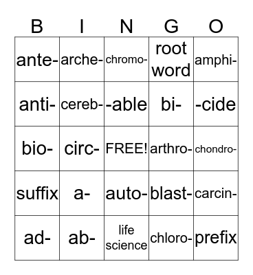 Prefix / Suffix BINGO Card