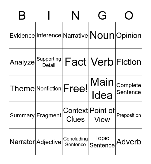 ELA Bingo Card