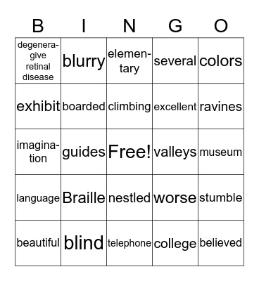 Girl with a Vision Bingo Card