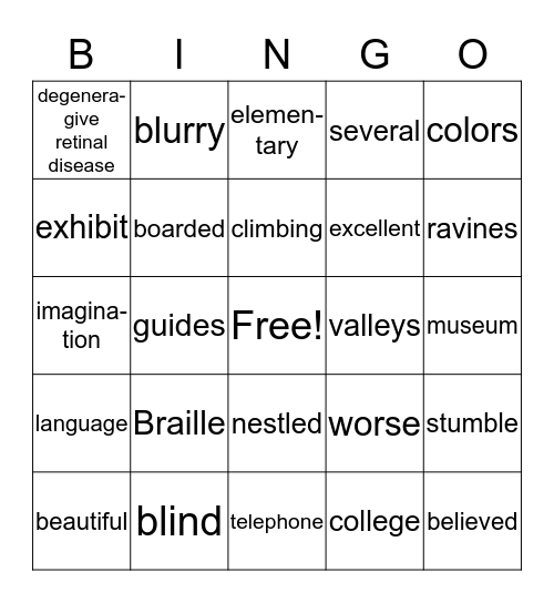 Girl with a Vision Bingo Card