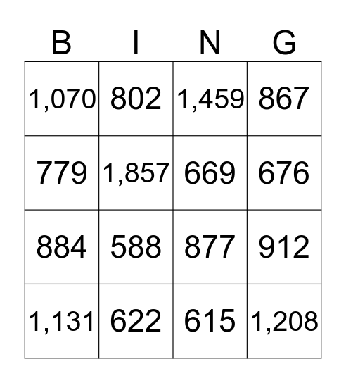3 Digit Addition Bingo  Bingo Card