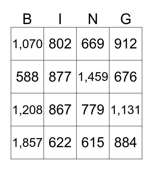 3 Digit Addition Bingo  Bingo Card
