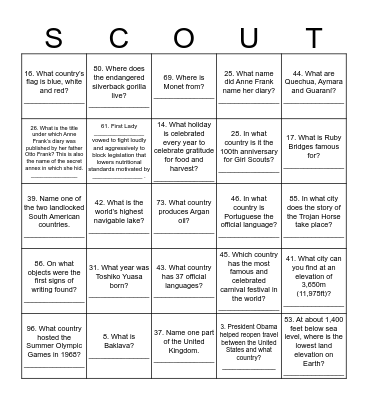 Thinking Day 2019 Challenge Card Bingo Card