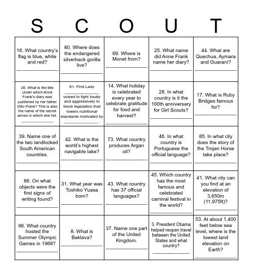 Thinking Day 2019 Challenge Card Bingo Card