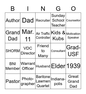 Richard White’s Life Work Bingo Card