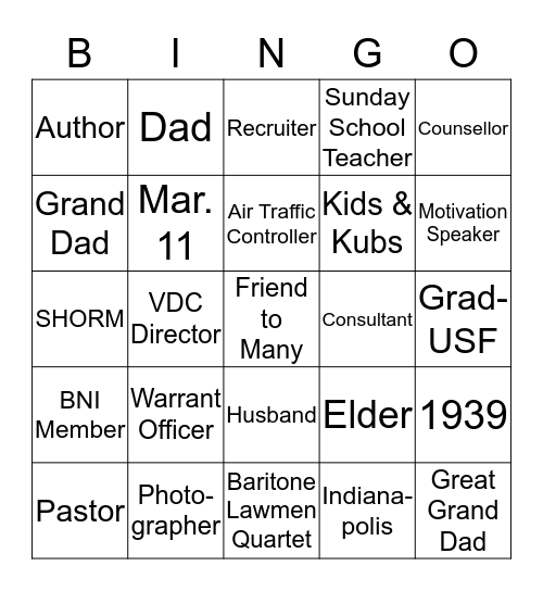 Richard White’s Life Work Bingo Card