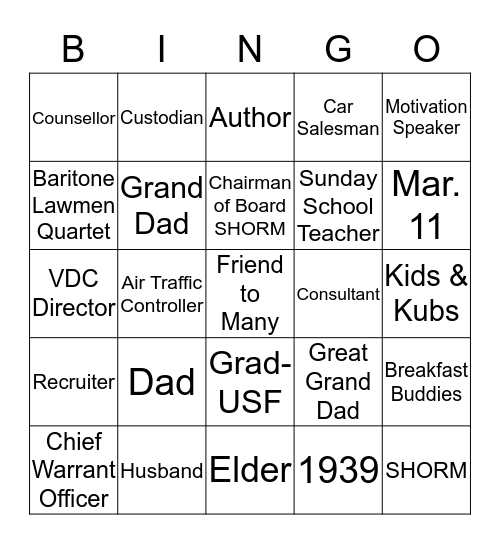 Richard White’s Life Work Bingo Card