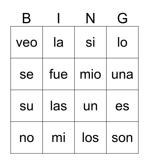 Bingo de palabras Bingo Card