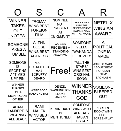 2019 OSCARS BINGO Card