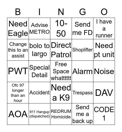 DISPATCH Bingo Card