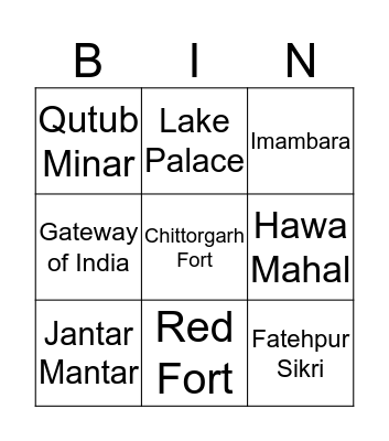 Landmarks of India Bingo Card