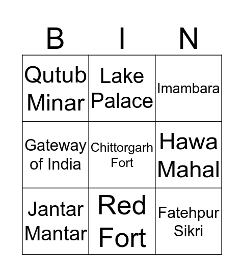 Landmarks of India Bingo Card