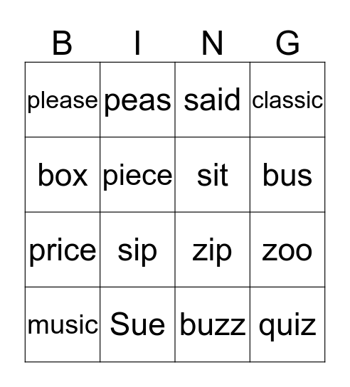 /s/ or /z/  Bingo Card