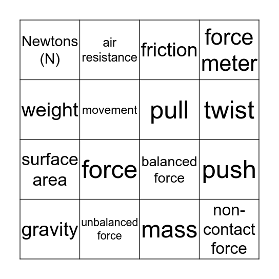 Forces in Action Bingo Card