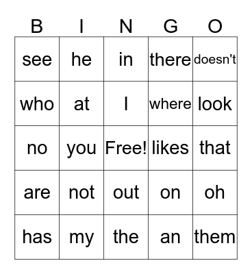 Sight Words Bingo Card