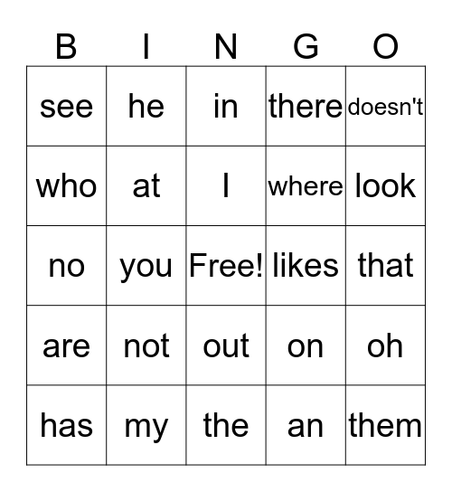 Sight Words Bingo Card