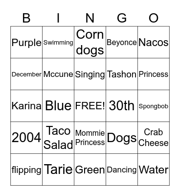 Princess Karina Bingo Card