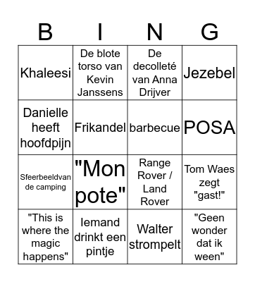 Undercover Bingo Card