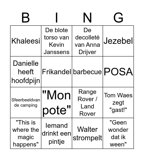 Undercover Bingo Card