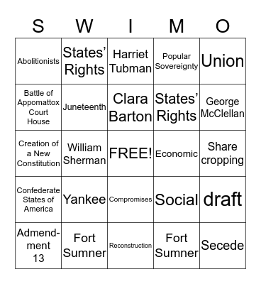 Civil War Bingo Card