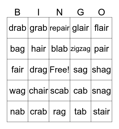 Word Families (ab, ag, air) Bingo Card