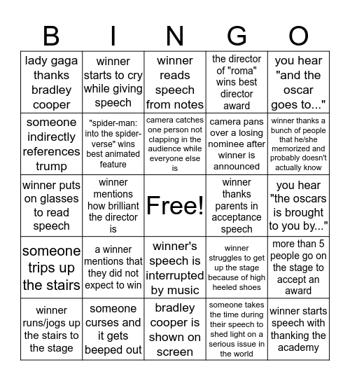 Oscars Bingo! Bingo Card