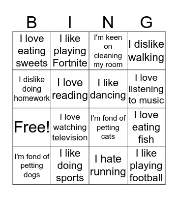 Likes and dislikes Bingo Card