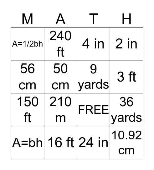 MATH BINGO! Bingo Card