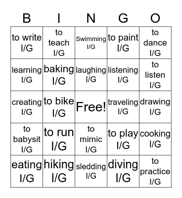Gerunds and Infinitives Bingo Card