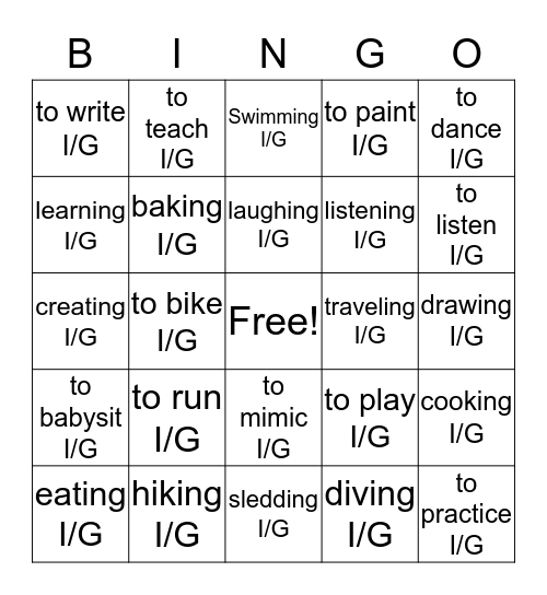 Gerunds and Infinitives Bingo Card