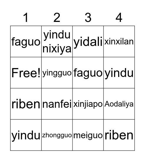 countries in chinese Bingo Card