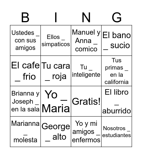 Ser and Estar Bingo Card