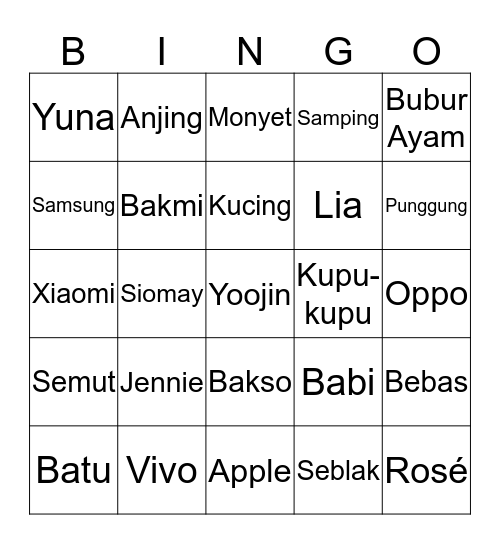 Jennie's Bingo Card Bingo Card