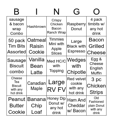Tim Hortons Bingo Card