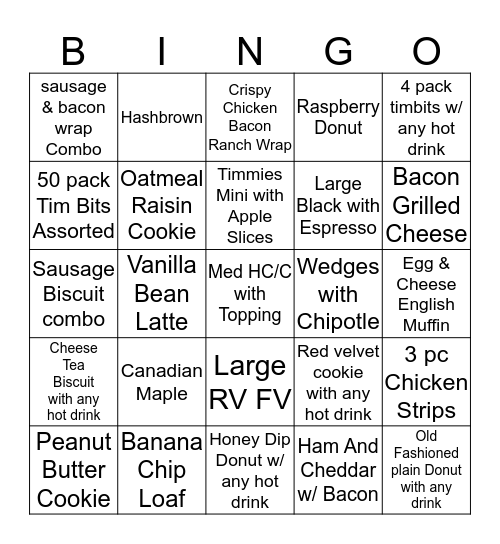 Tim Hortons Bingo Card