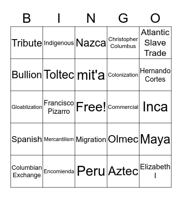 Exploration and Americas Bingo Card