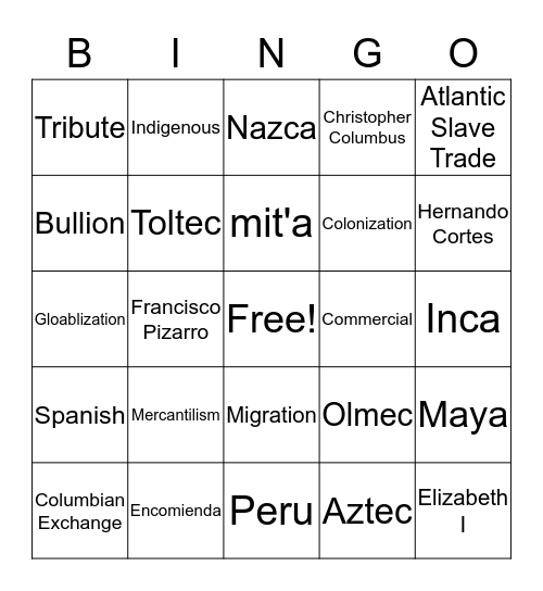 Exploration and Americas Bingo Card