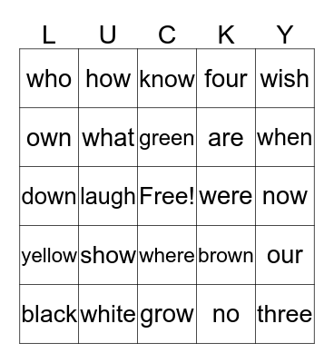 Dolch Sight Words Bingo Card