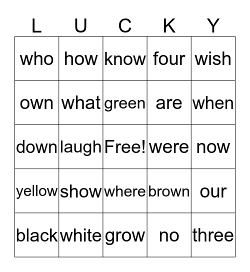 Dolch Sight Words Bingo Card