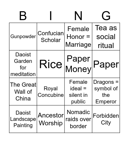 Mulan Bingo Card
