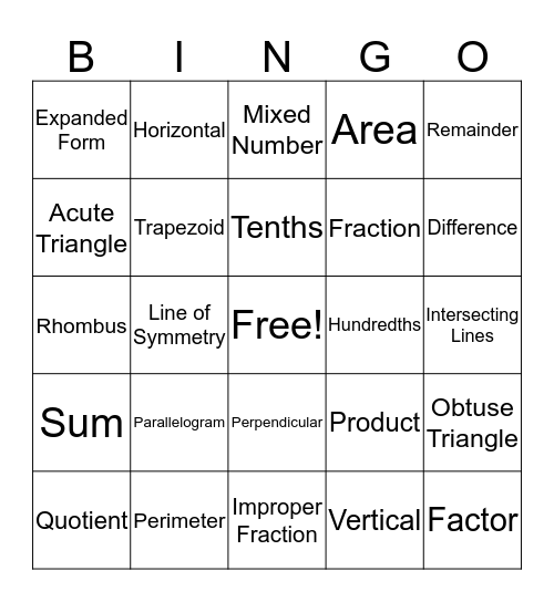 4th Math Vocabulary Bingo Card