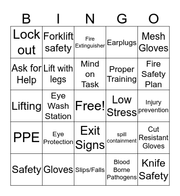 Safety Bingo Card