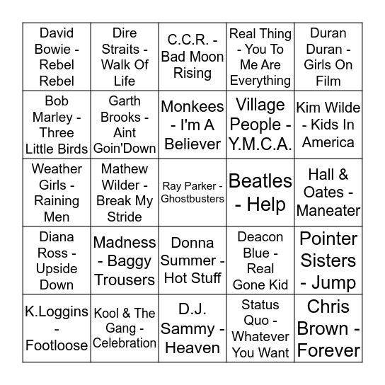 D. J. Daves Music Bingo Game Bingo Card