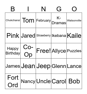 Jean & Tom's Birthday Bingo Card