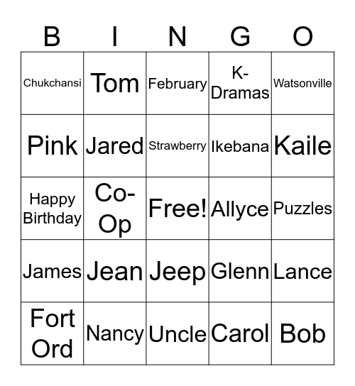 Jean & Tom's Birthday Bingo Card