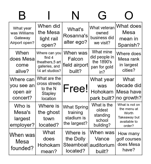 Mesa Facts  Bingo Card