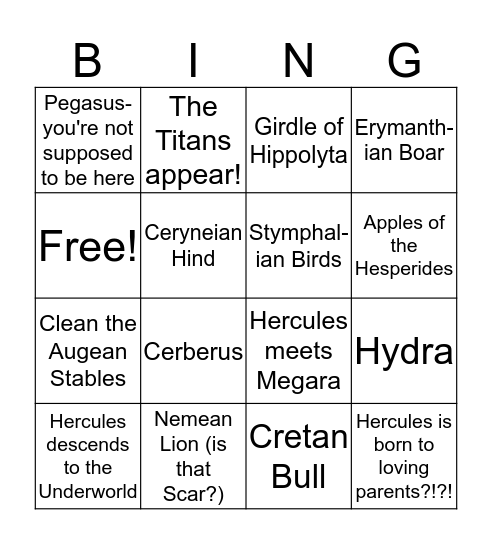 Hercules! Hercules! Bingo Card